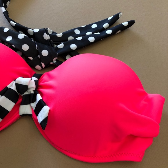 Neon Pink Black & White Striped Polka Dot Bikini - Picture 2 of 8